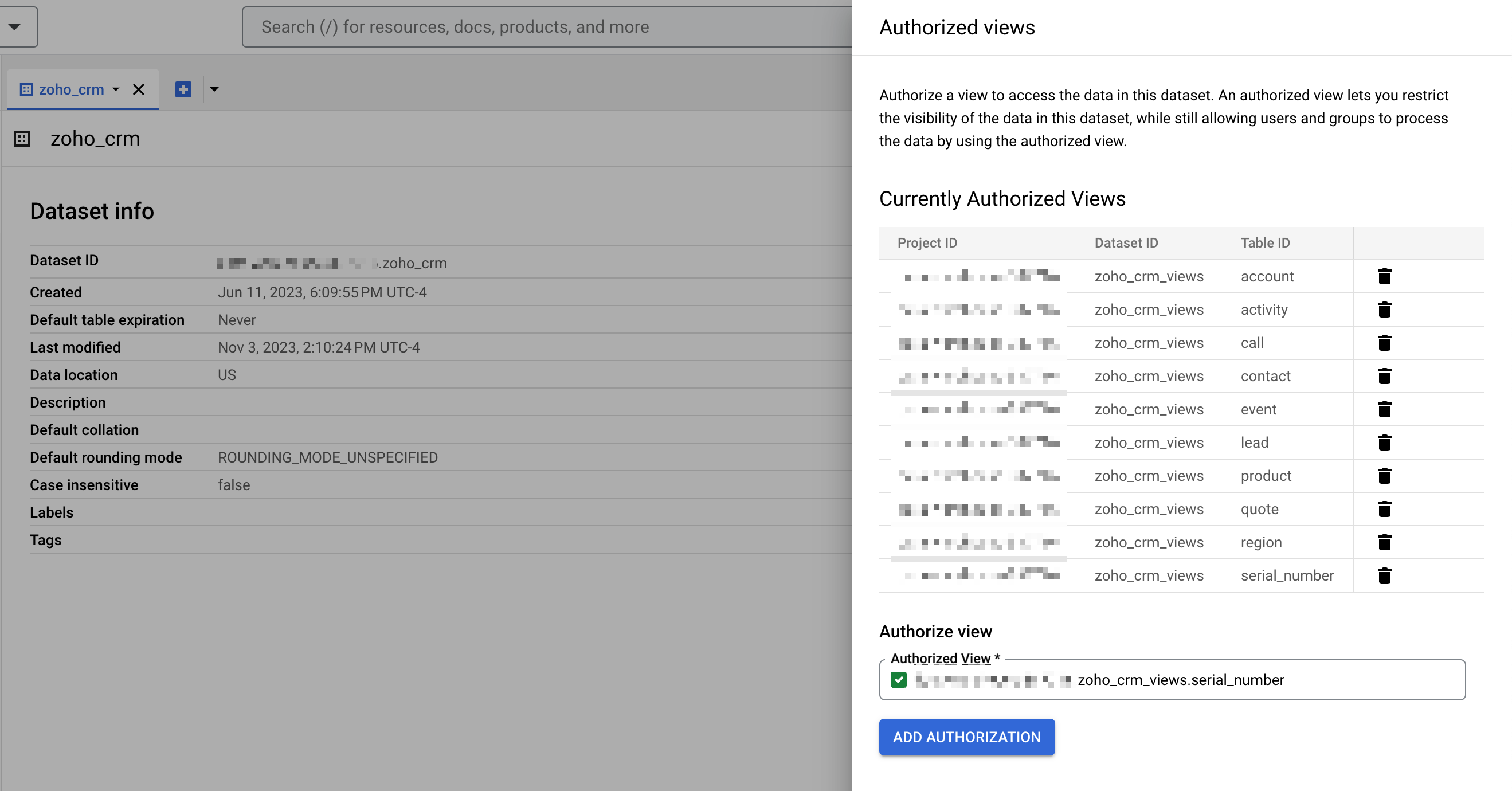 BigQuery Authorize Views