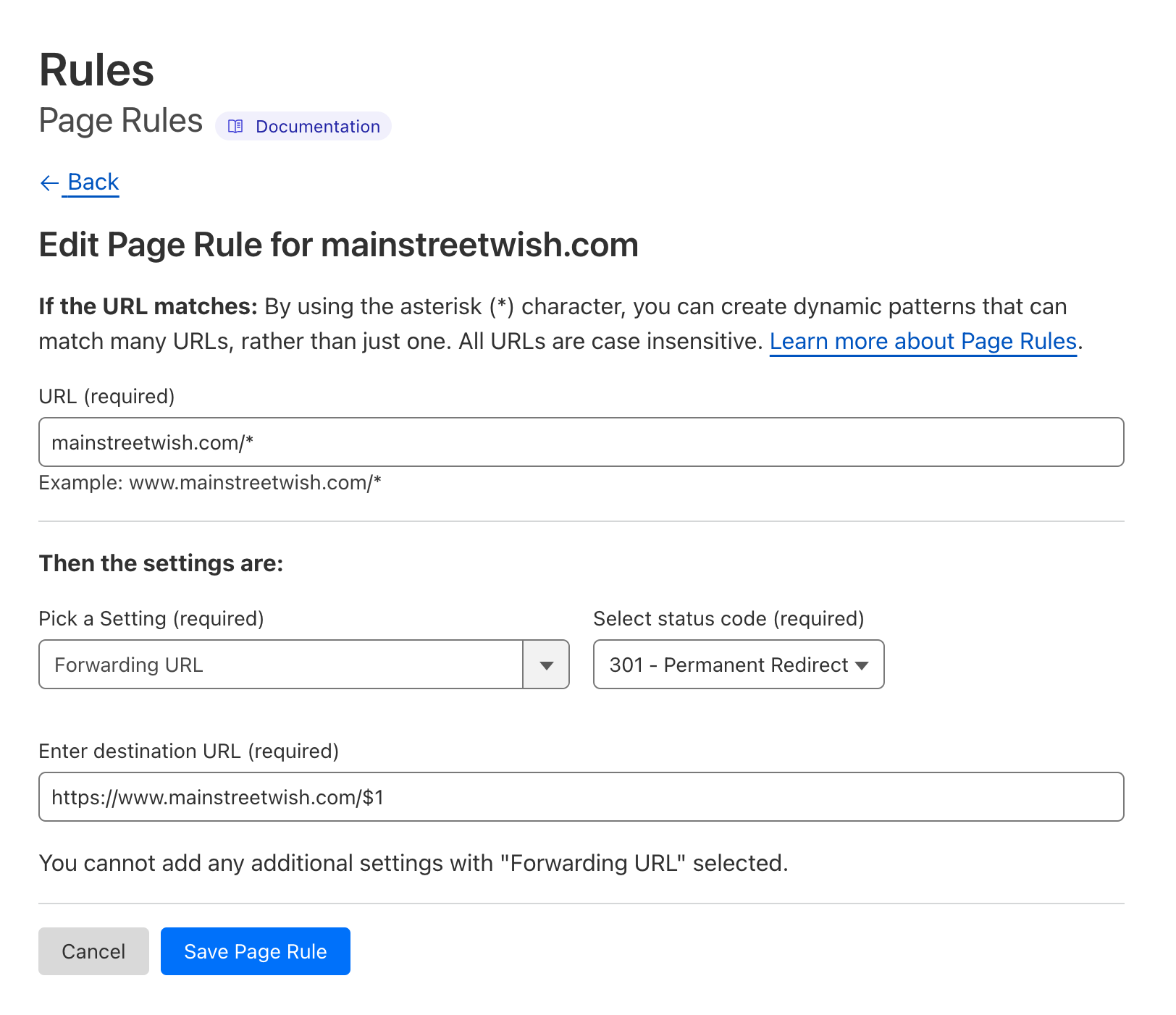 CloudFlare Page Rules: Redirect root domain to WWW with a 301 redirect