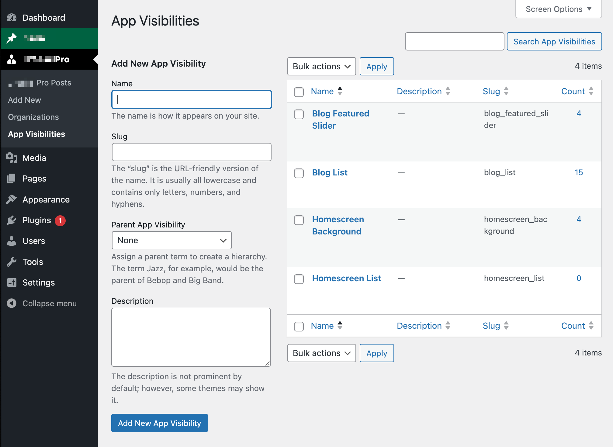 Custom Taxonomies: App Visibility Edit View