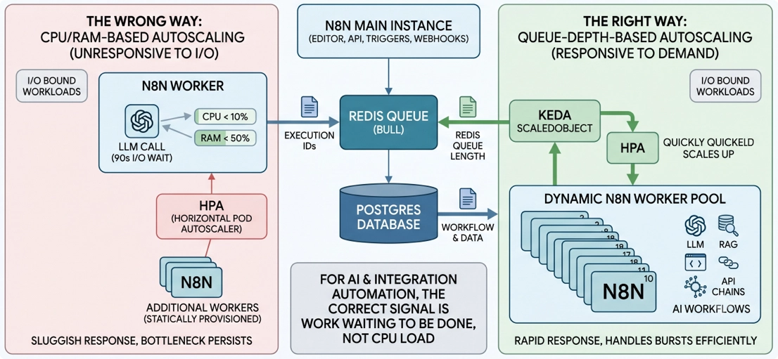 Diagram comparing CPU-based autoscaling with queue-depth-based autoscaling for n8n workflows, highlighting queue-depth as the superior method.