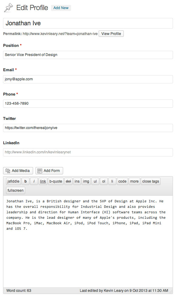 WordPress Theme Team Profiles Metabox